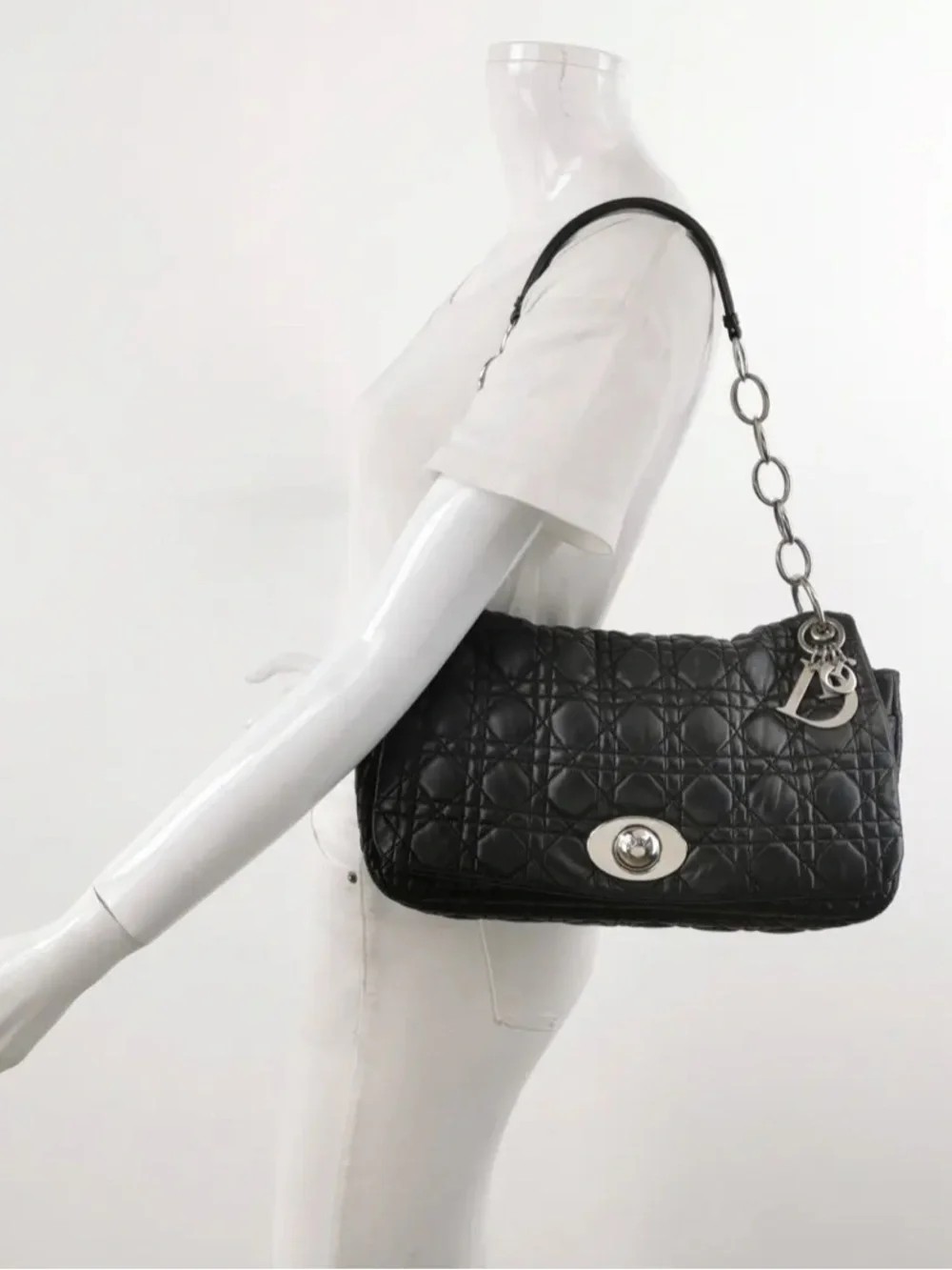 Dior Black Cannage Lambskin Shoulder Bag with Silver Logo Charms